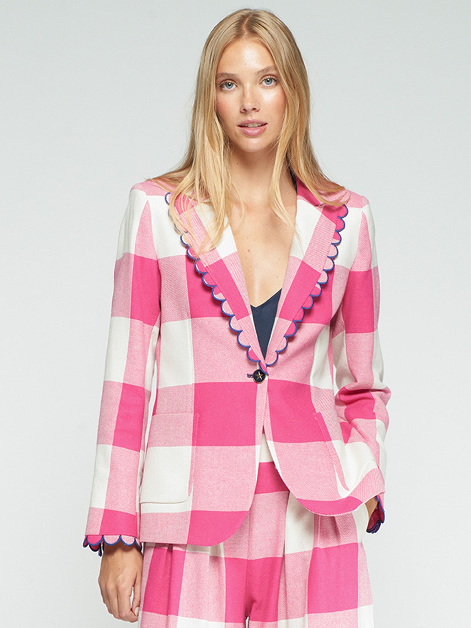 CHAQUETA CUADROS ROSA RIBETE ONDULADO