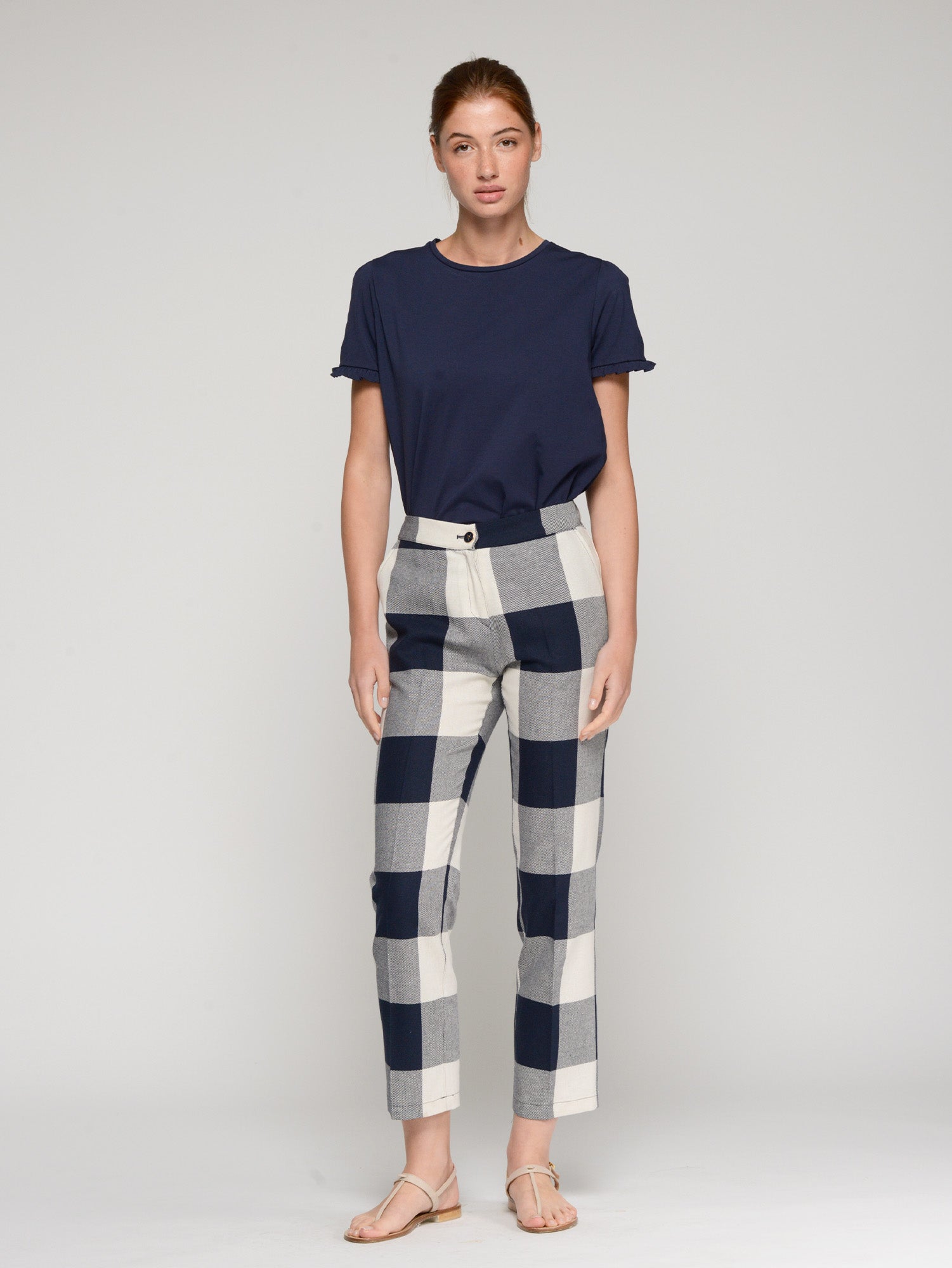 PANTALÓN RECTO CUADROS AZUL MARINO Y CRUDO
