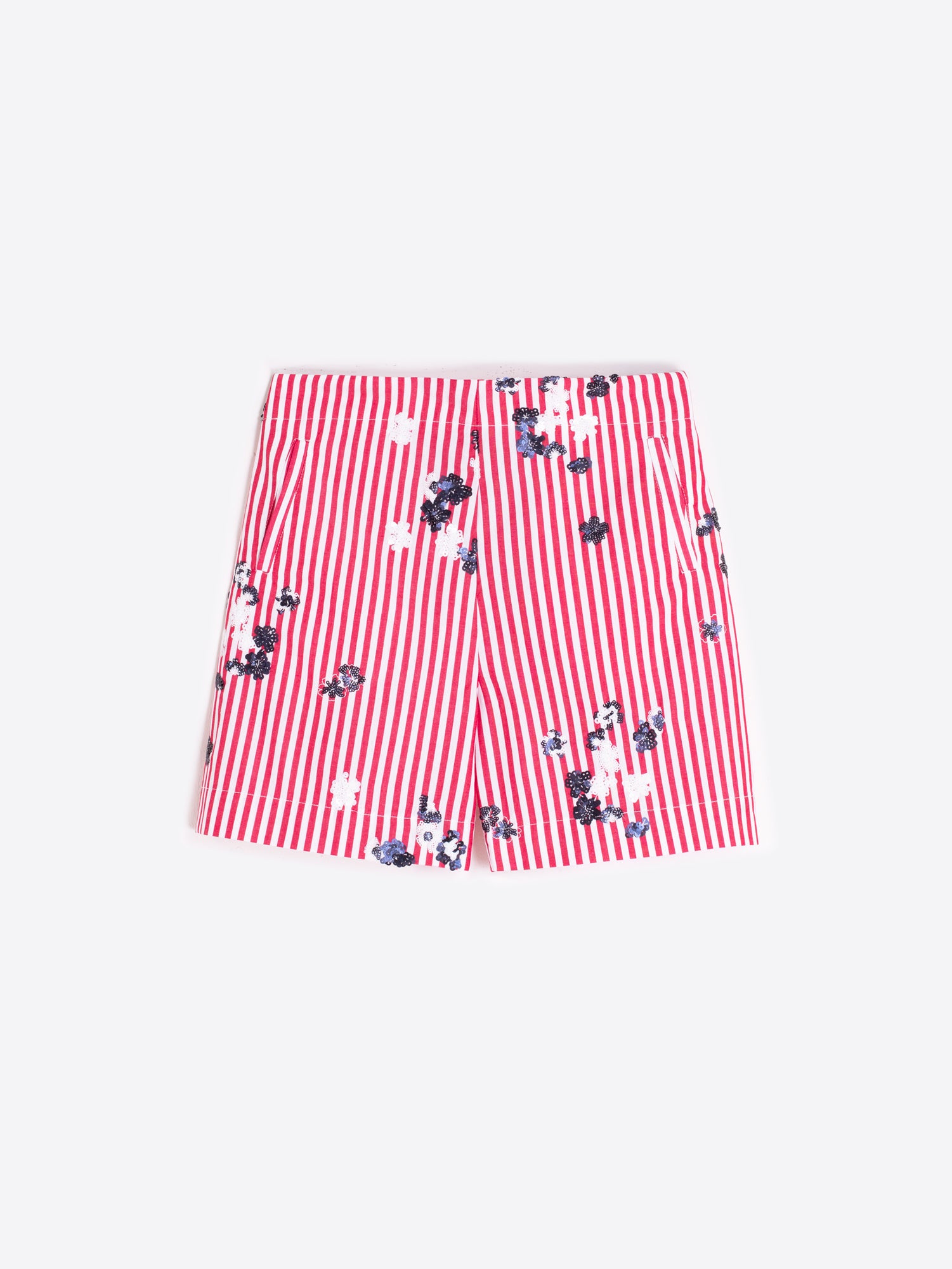 PANTALÓN CORTO RAYAS ROJAS FLORES BORDADAS