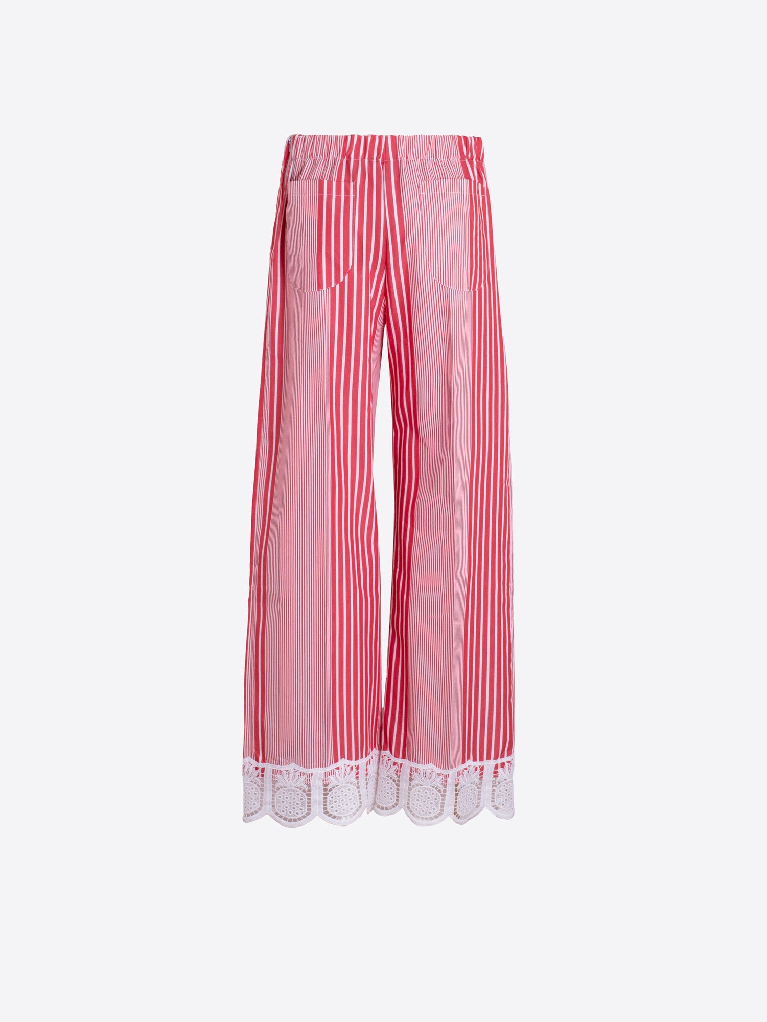 PANTALÓN DE RAYAS ROJAS ENCAJE BLANCO EN EL BAJO
