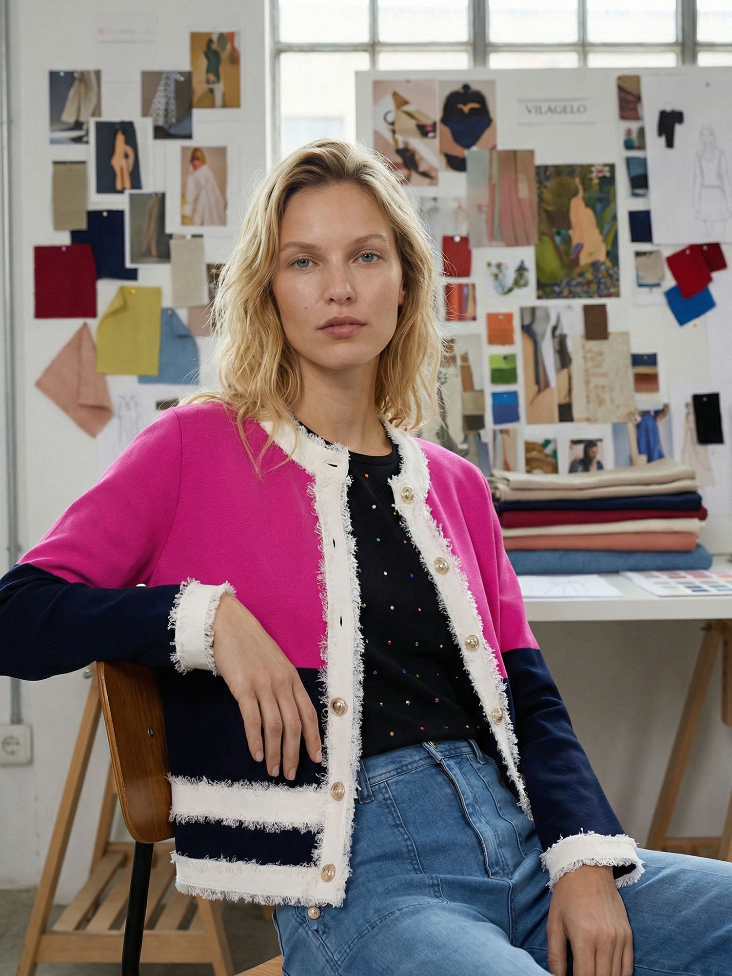 CARDIGAN FUCSIA Y MARINO RIBETES DESHILACHADOS