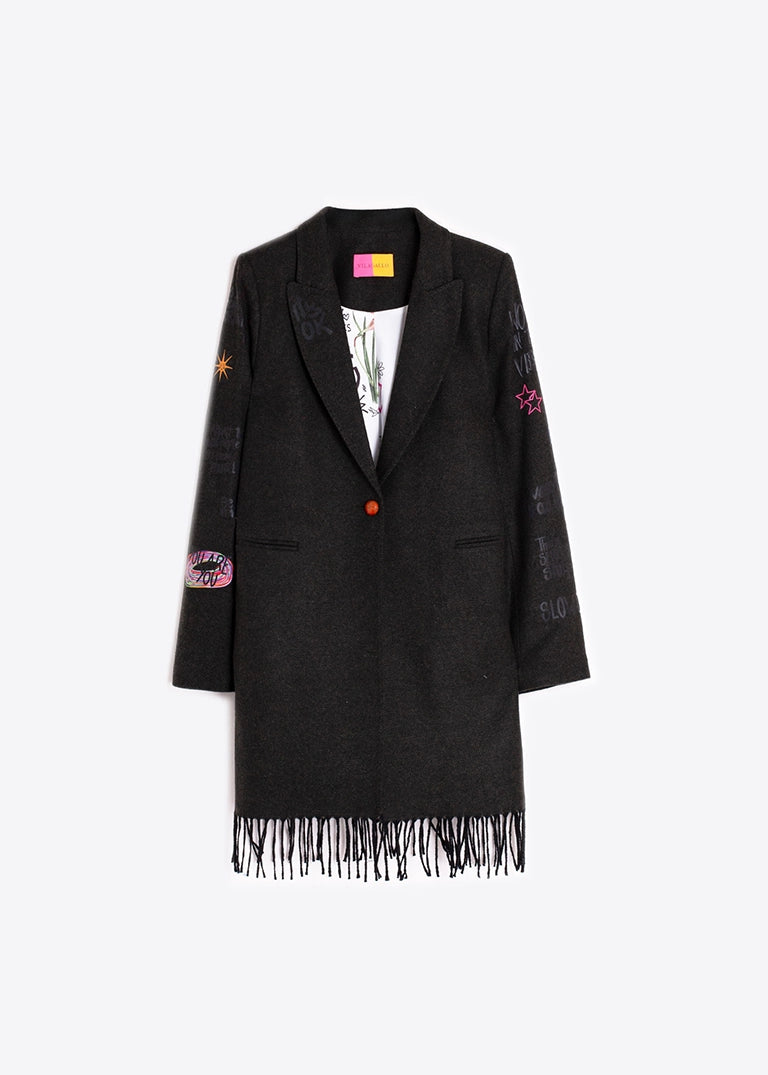 Green graffiti coat with fringe