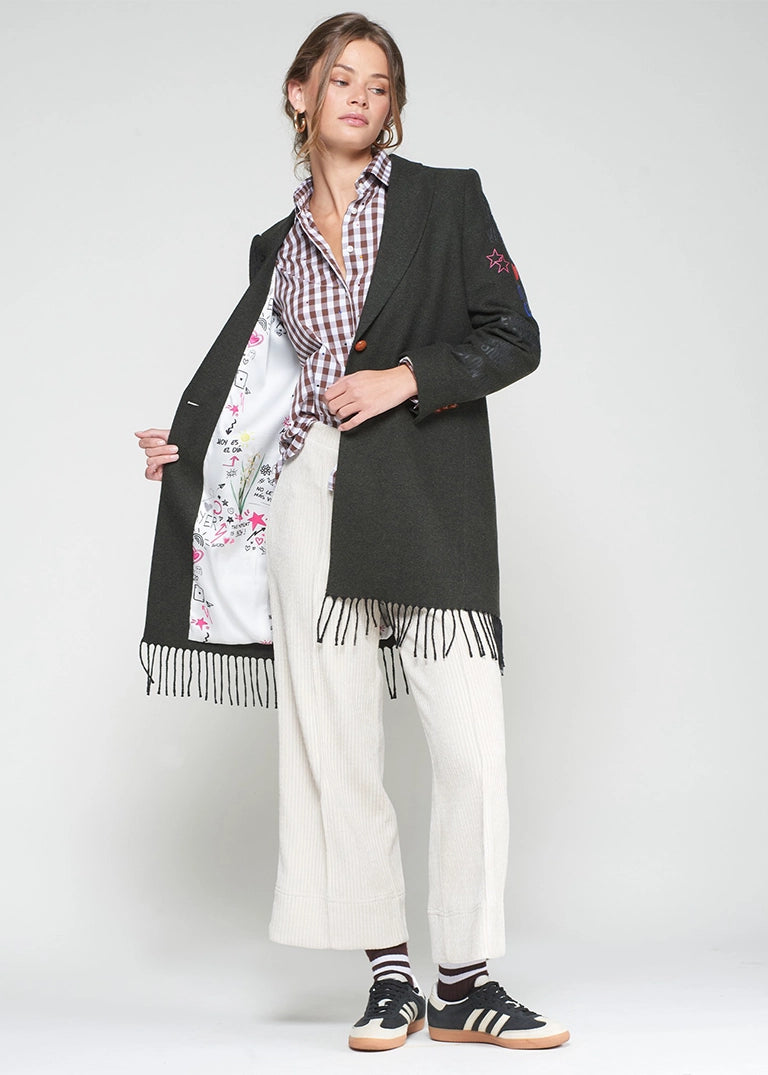 Green graffiti coat with fringe