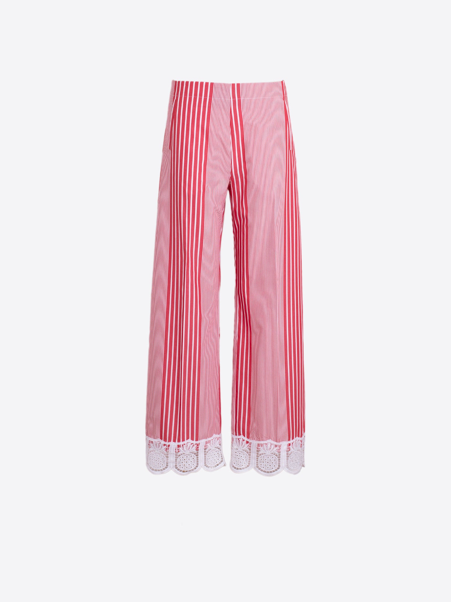 PANTALÓN DE RAYAS ROJAS ENCAJE BLANCO EN EL BAJO