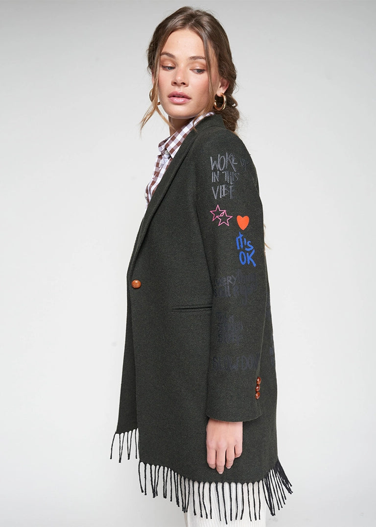 Green graffiti coat with fringe